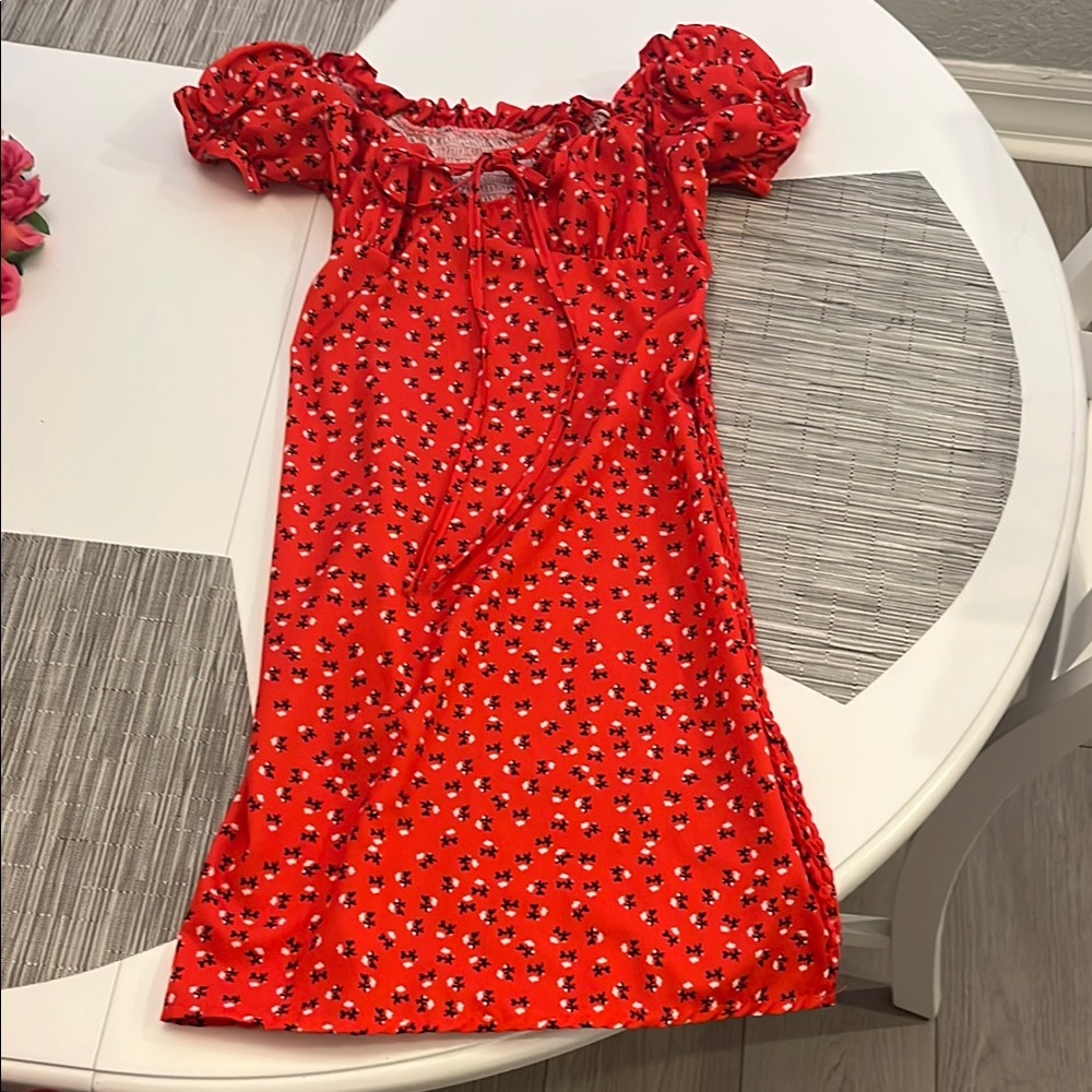 Red Floral Dress with Puff Sleeves